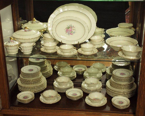 B & CO. FRENCH LIMOGES CHINA SERVICE 83 pc: FRENCH LIMOGES CHINA SERVICE: Bernardaud & Co. Approx. 83 pieces to include 12 dinner plates, 12 salad plates, 12 bread plates, 12 dessert bowls, 4 cream soup bowls with 12 saucers, 7 cups, 5 saucers,