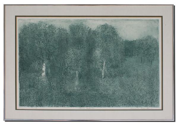 ROBERT BERO TREE BANK ETCHING: BERO, Robert, (American, 20th C): ''Tree Bank'', Etching and Aquatint, sight size 24 1/4'' x 36 1/4'', pencil signed, titled, numbered 7/50, contemporary chrome frame, 31'' x 43''.