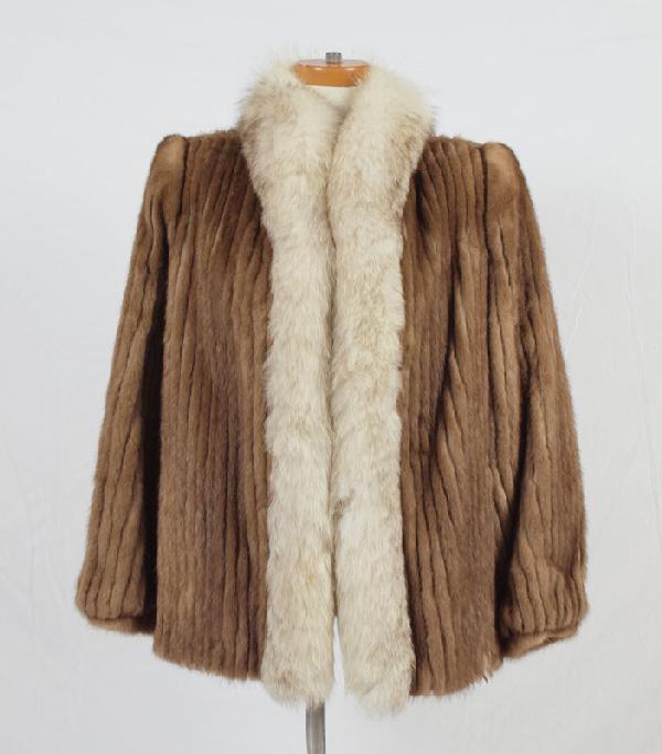 MINK FUR JACKET WITH FOX FUR COLLAR & TRIM: MINK FUR JACKET WITH SILVER FOX FUR COLLAR & TRIM: Thin pelts in a striped effect. Size 16, approx. 28" tall