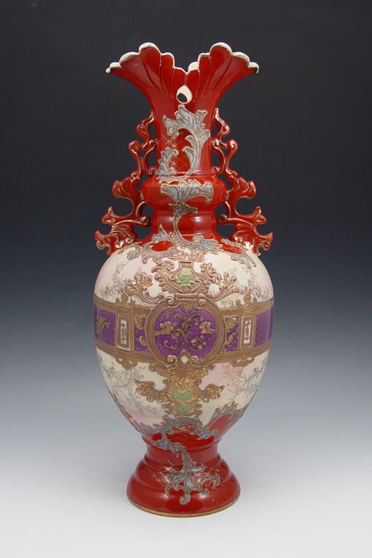 JAPANESE SATSUMA EARTHENWARE VASE 16".: JAPANESE SATSUMA EARTHENWARE VASE: Rich purple and iron red with moriage and gilt embellishment. 16" tall