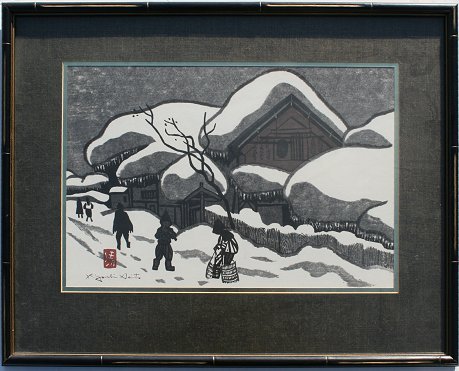KIYOSHI SAITO JAPANESE WINTER SCENE WOODBLOCK: SAITO, Kiyoshi, (Japanese 1907-1997): "Winter in Aizu", Woodblock, sight size 10" x 15", signed Kiyoshi Saito , artist's seal, faux bamboo framing, 17" x 21".