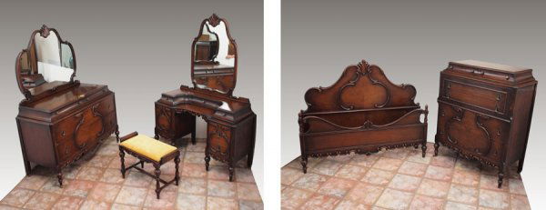 5 PIECE MAHOGANY BEDROOM SET: 1920'S MAHOGANY BEDROOM SET: 5 piece set to include full size BED with headboard being 47" tall. 2 over 2 drawer DRESSER with mirror, approx. 70" x 50" x 23". 2 over 4 drawer TALL CHEST, 48"h. x 38" x