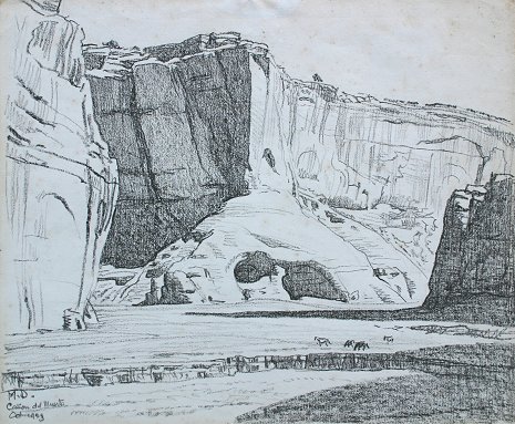 MAYNARD DIXON ORIGINAL DRAWING 1923: DIXON, Maynard, (American, 1875-1946): ''Canyon Del Muerto'', Graphite/Paper, 13'' x 15 3/4'', monogrammed lower left, titled and dated 1923, encased in black worn frame, 18'' x 23''. Condition - Some