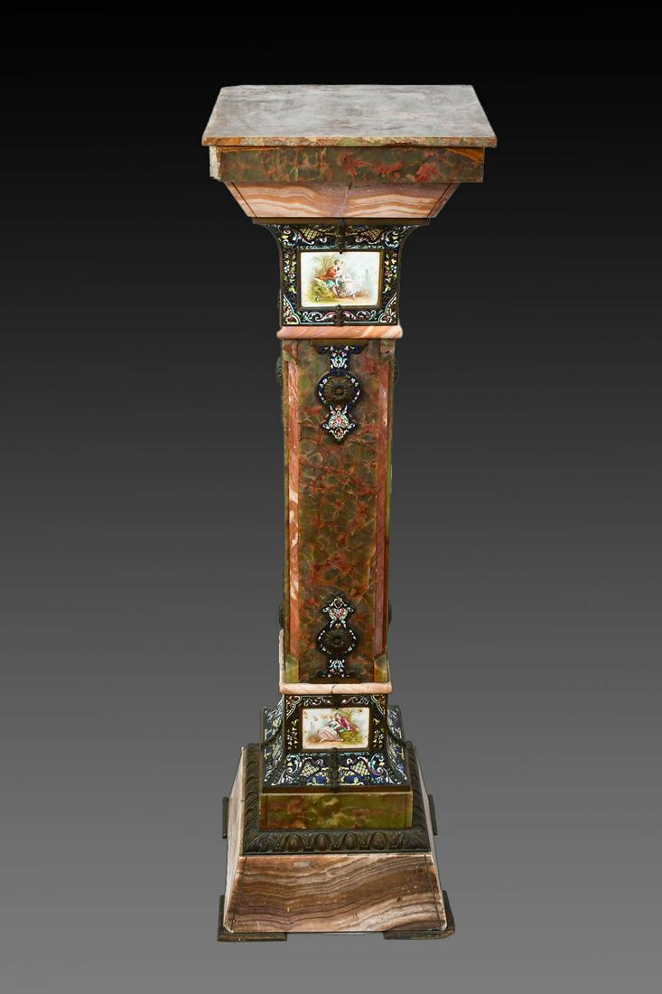 FRENCH CHAMPLEVE ENAMELED ONYX PEDESTAL: FRENCH CHAMPLEVE ENAMELED ONYX AND MARBLE MOUNTED PEDESTAL: Having hand-painted Sevres style porcelain tiles set in champleve enameled bronze frames, mounted on an onyx & marble bodied pedestal. Appro