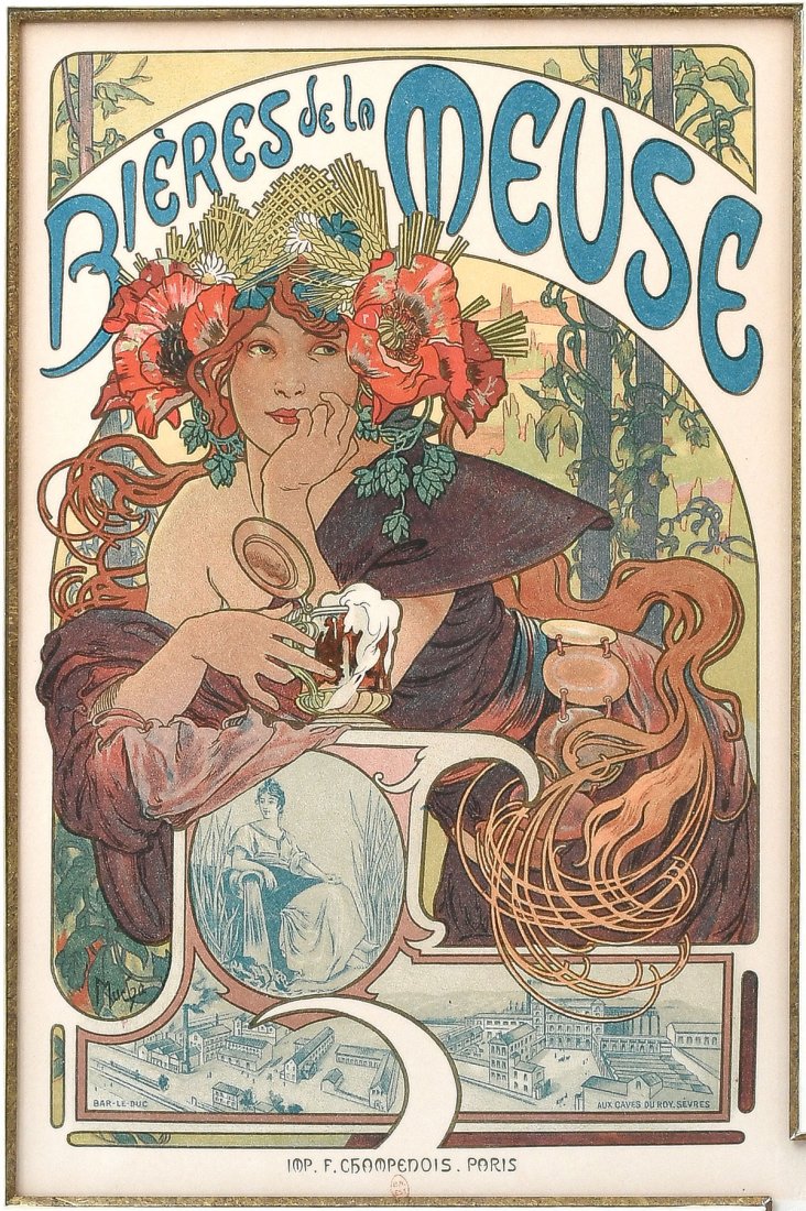 EXCEPTIONAL ART NOUVEAU LES MAITRES DE L'AFFICHE MUCHA: EXCEPTIONAL ART NOUVEAU LES MAITRES DE L'AFFICHE MUCHA LITHOGRAPH: "Bieres de la Meuse" by Alphonse Mucha, sight size 12.25" x 8", custom matted to reveal the blind stamp lower right, fine framing, 21
