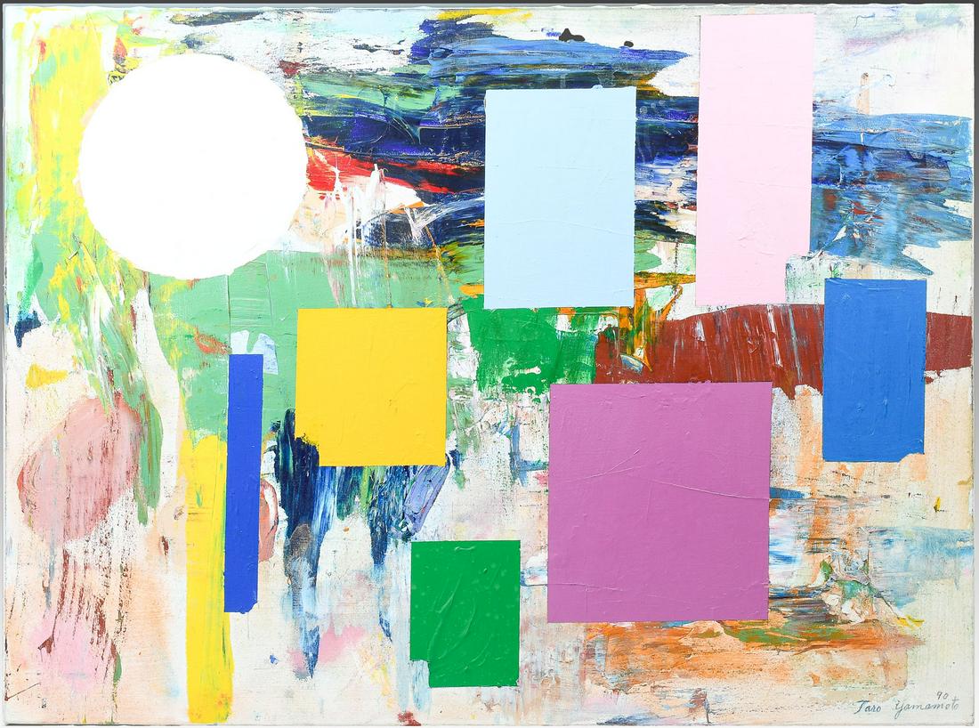 TARO YAMAMOTO PAINTING "BING BANG BONG": YAMAMOTO, Taro, (American, 1919-1994): "Bing Bang Bong", Oil/Canvas, 30" x 40", signed lower right and dated '90, titled on the stretcher verso, unframed.
