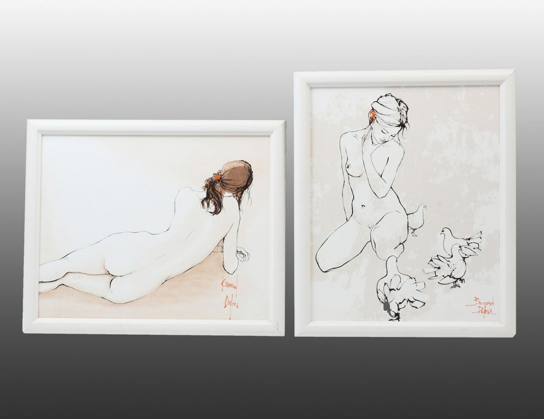 TWO BERNARD DUFOUR NUDES: DUFOUR, Bernard, (French, 1922-2016): Two Nudes: 1) Reclining Nude, Oil/Canvasboard, sight size 13.75" x 17.5", signed lower right, framed, 16" x 19"; 2) Young Kneeling Nude with Pigeons, 17.25" x 14"