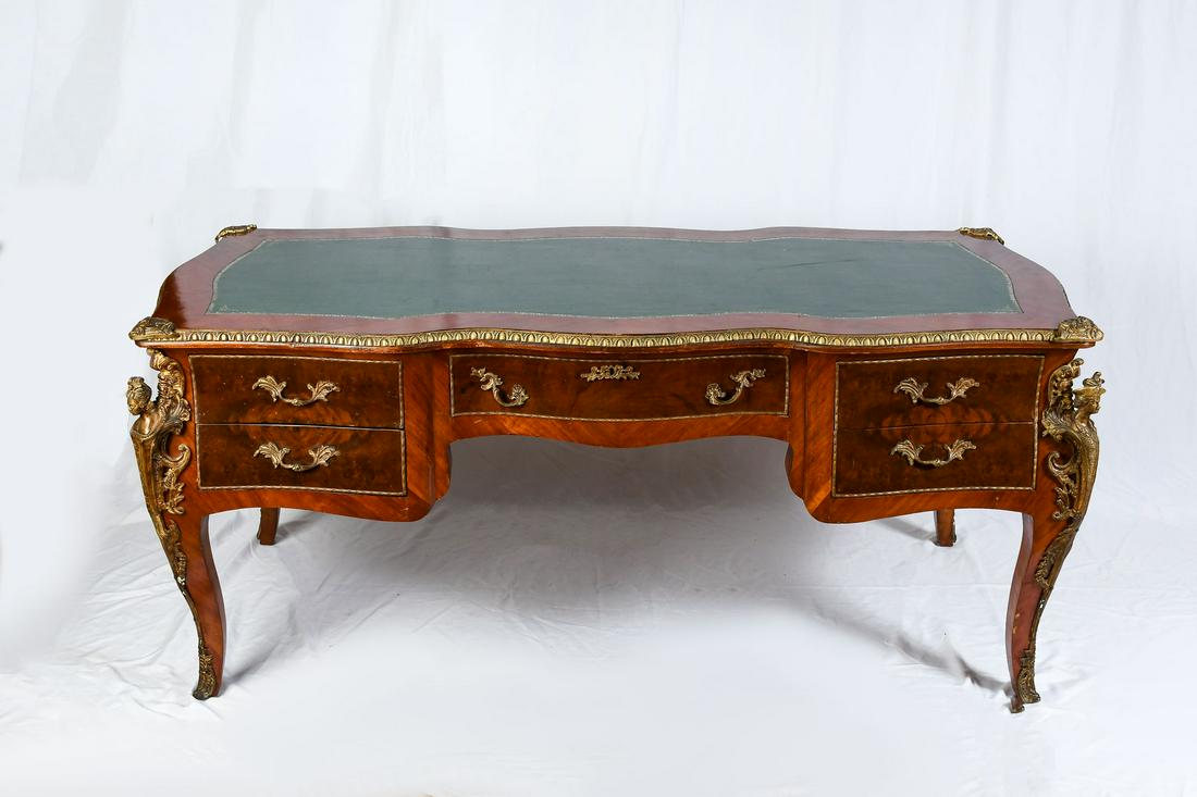 ORMOLU MOUNTED 5 DRAWER FRENCH STYLE BUREAU PLATTE: LARGE ORMOLU MOUNTED FIVE-DRAWER FRENCH STYLE BUREAU PLATTE: 35" in height, 73" in width, 33.25" in depth.