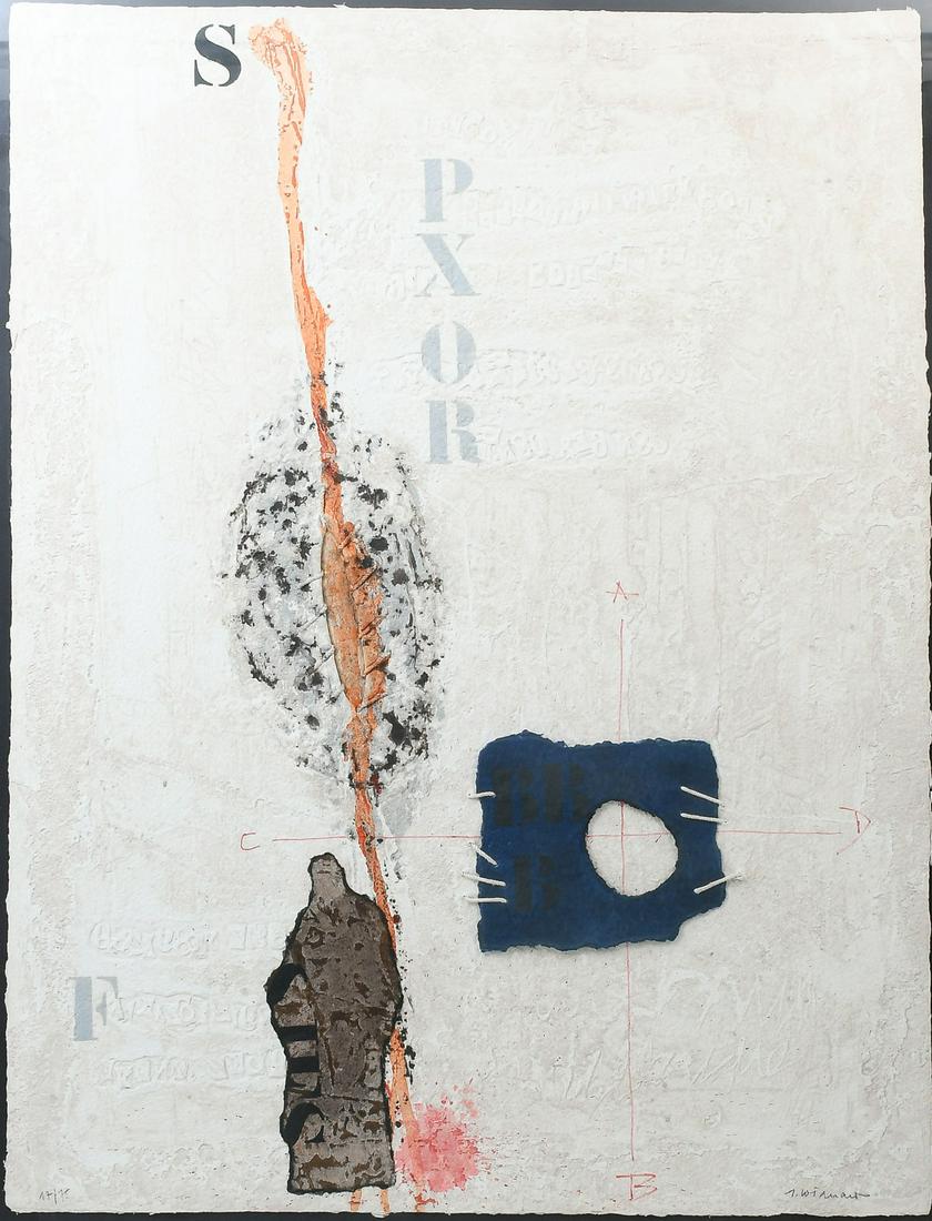 JAMES COIGNARD MIXED MEDIA ABSTRACT PRINT WITH COLLAGE: COGNARD, James, (French, 1925-2008): "Itineraire", Mixed Media Abstract Print with Collage, 29.5" x 22.5", pencil signed lower right, illegibly numbered lower left, label affixed verso, framed, 37.25"