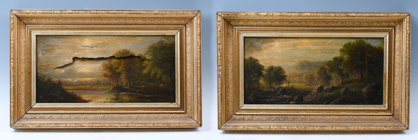 TWO HERMAN GEYER HUDSON RIVER SCHOOL PAINTINGS: GEYER, Herman, (American, 19th Century): Two Oils/Canvas: 1) Peaceful Landscape with Stream and Figure, 10" x 20", signed lower right, framed, 16.25" x 26.25"; 2) Country Stream with Figure and Farmho