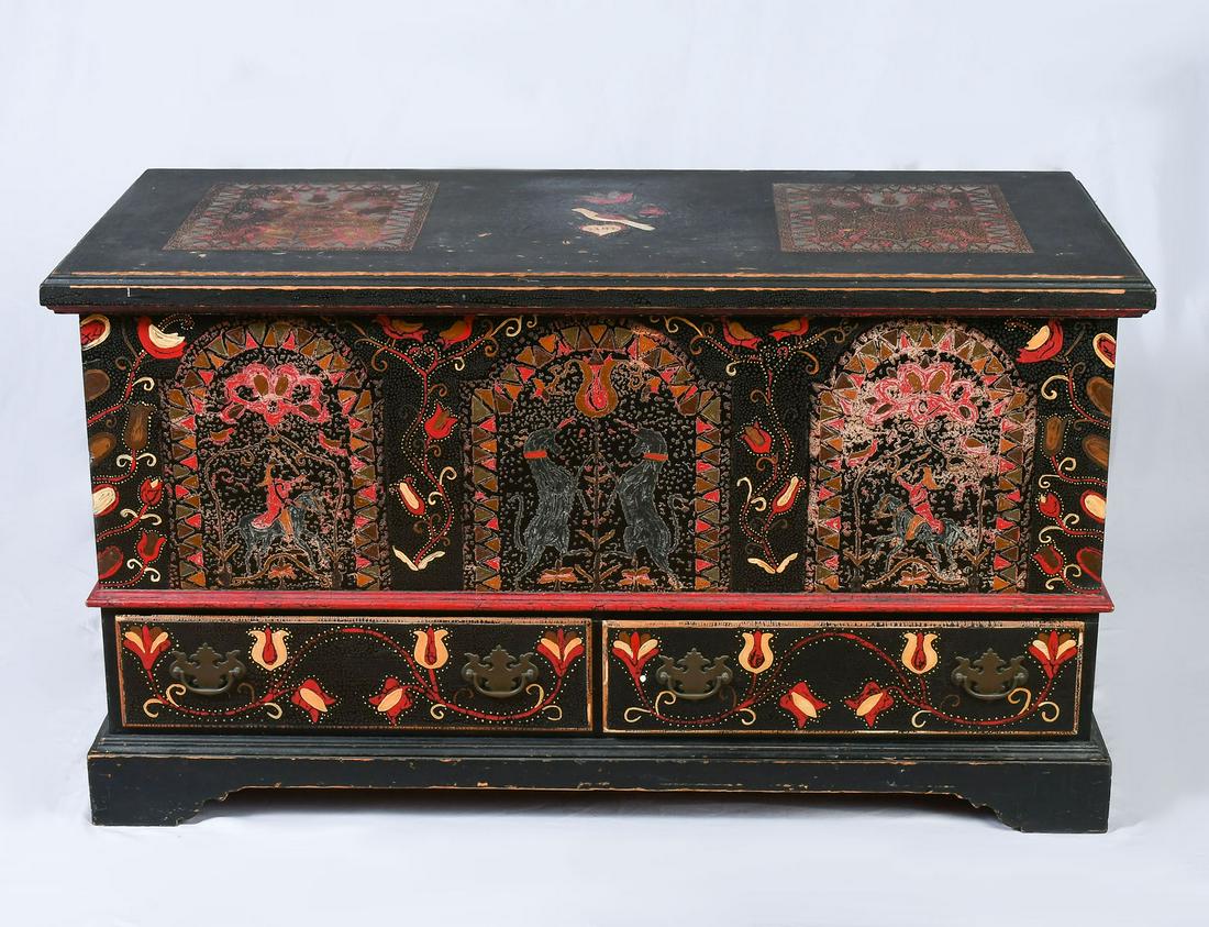 DECORATED PENNSYLVANIA DOWER CHEST: DECORATED PENNSYLVANIA DOWER CHEST: Paint decorated with floral and foliate motifs, dated 1946 on top of hinged lid, marked inside lid "Made by Thomas Sharp Painted by Alice Robinson Carpenter Sharp".