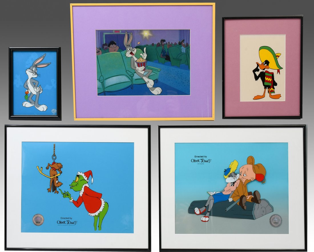 FIVE PIECE SERICEL LOT: FIVE PIECE SERICEL LOT: To Include: 1) Daffy Duck in a Sombrero, framed, 8'' x 10.25''; 2) Bugs Bunny with a Carrot, framed, 7.25'' x 5.25'', Warner Brothers stamp lower right; 3) Bugs Bunny Eating Po
