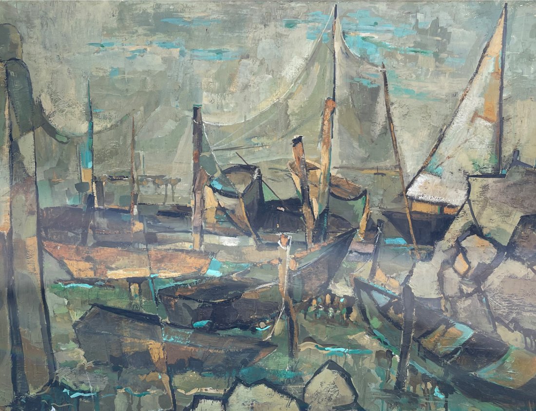 BABARA PODOROWSKY CUBIST DOCKSIDE PAINTING: BABARA PODOROWSKY CUBIST DOCKSIDE PAINTING: Oil/Board, 27.5" x 35.5", signed lower right, encased in fine Michael Murphy frame, 36.5" x 44.5".