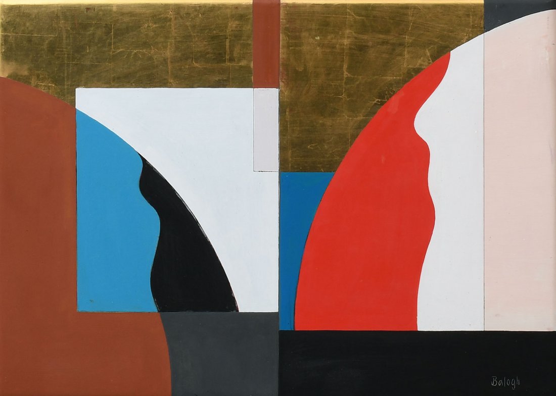 LASZLO BALOGH "IKON" ABSTRACT PAINTING: BALOGH, Laszlo, (Hungarian, 1930-2002): "Ikon", Oil and Gilt/Board, 11" x 14.5", signed lower right, labeled verso, dated 1991, framed, 16.5" x 20.5".