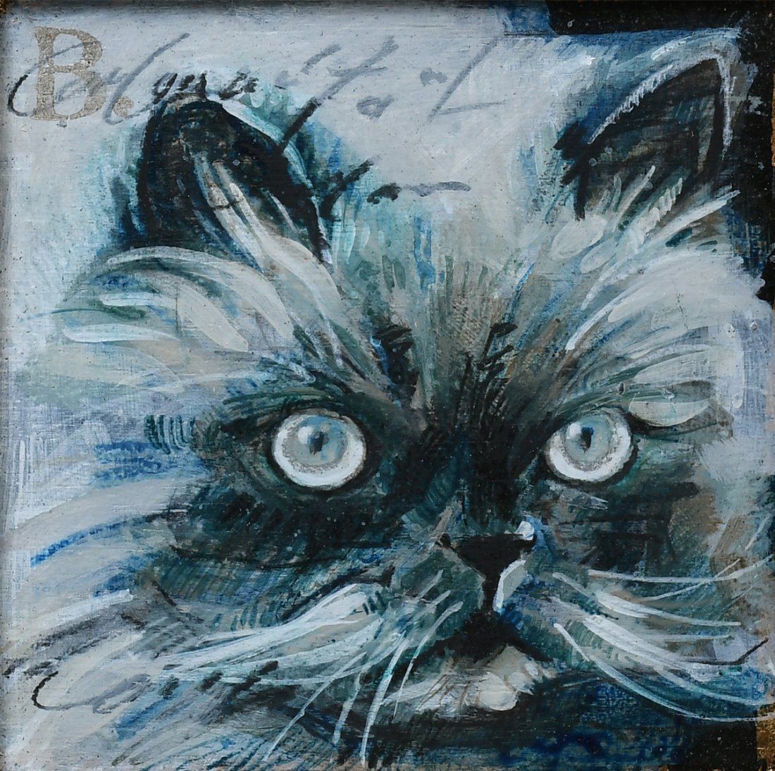 MICHAEL CHAD BARRETT CAT PAINTING: BARRETT, Michael Chad, (American, Contemporary): Portrait of a Cat, sight size 7" x 7", signed verso and dated '97, framed, 12" x 12".