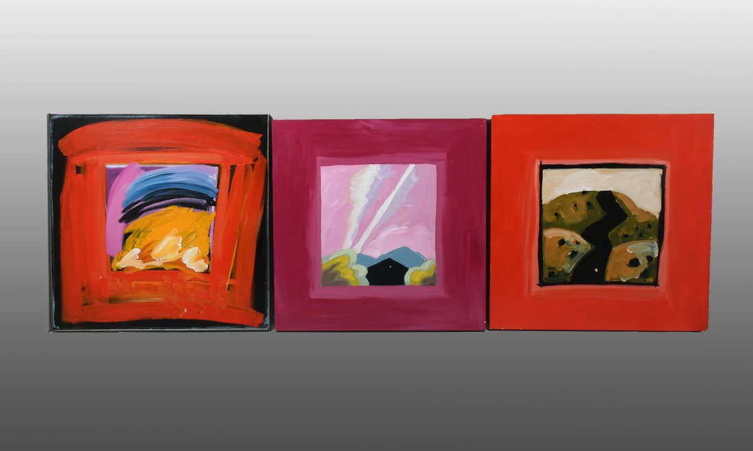 THREE DANIEL KOSHAREK OIL PAINTINGS: KOSHAREK, Daniel, (American, Contemporary): 1) "Trails Above", Oil/Board, 17.75" x 17.75", monogrammed lower right, titled and signed verso, unframed. 2) "Zigzag", Oil/Wood Panel, 18" x 18", monogramm
