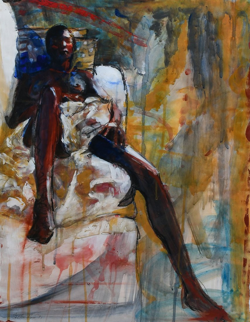 GALE FULTON ROSS WATERCOLOR PAINTING OF A NUDE WOMAN: ROSS, Gale Fulton, (American, b. 1947): Nude African-American Woman in Bed, Mixed Media, Oil and Watercolor, sight size 22.25" x 17.25", signed lower left and dated '91, framed, 29.5" x 24.5".