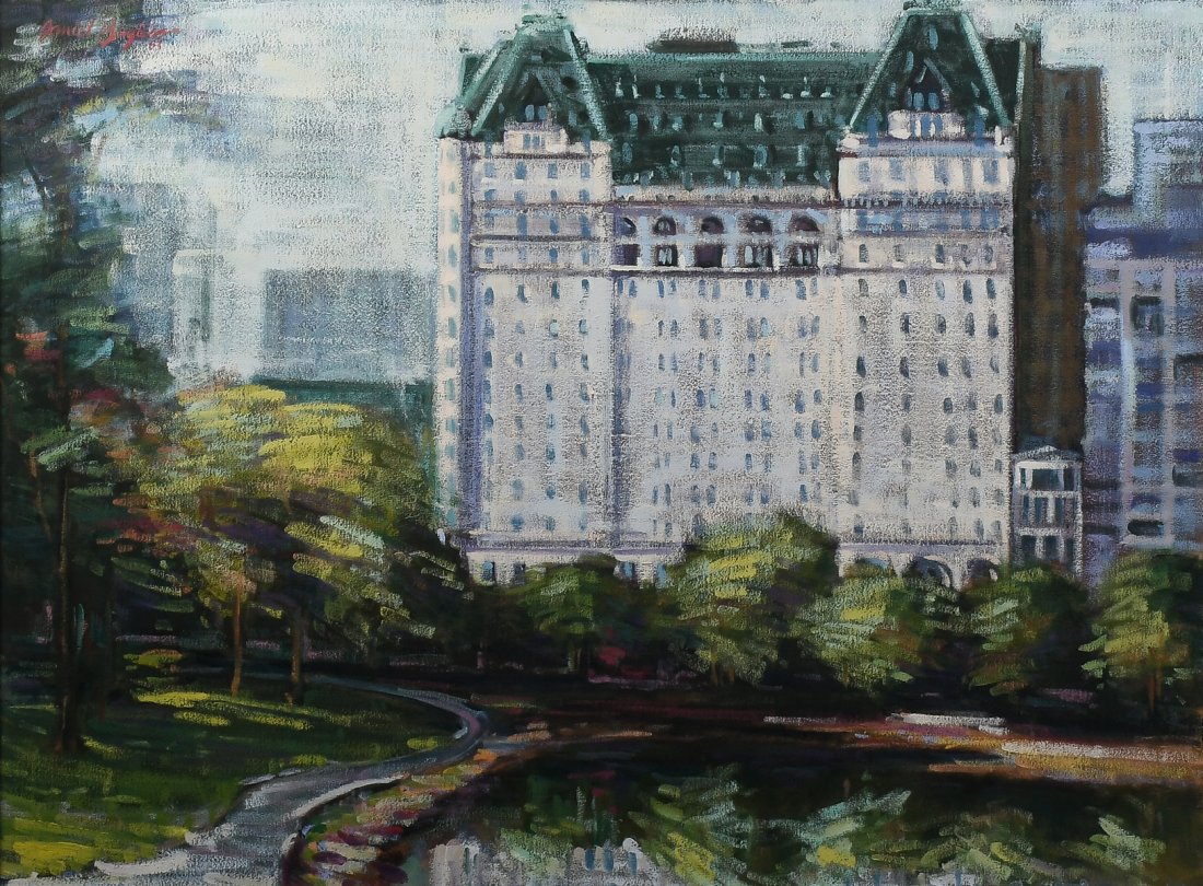 DANIEL BAYLESS CENTRAL PARK HIGH RISE PAINTING: BAYLESS, Daniel, (American, Contemporary): High Rise in Central Park, Oil/Canvas, 30" x 40", signed upper left and dated '83, fine custom framing 37" x 47.50".