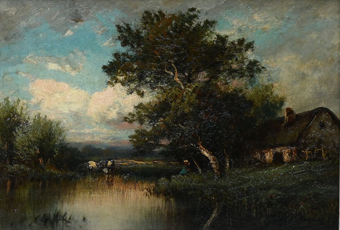 JULES DUPRE FRENCH RURAL SCENE PAINTING: DUPRE, Jules, (French, 1811-1889): Rural Scene with Stream, Figure, Cottage, and Cows Watering, Oil/Wood Panel, 9.25" x 13", encased in fine pierced carved and gilded gesso frame, 19" x 22.5". Deacces
