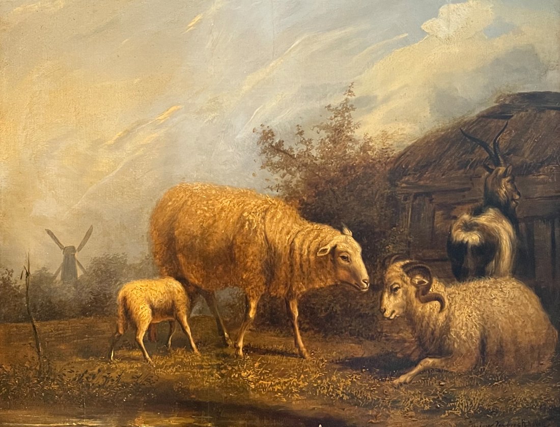EUGENE VERBOECKHOVEN DUTCH LANDSCAPE PAINTING, 1856: VERBOECKHOVEN, Eugene, (Belgian, 1798-1881): Landscape with Sheep, Goats, and Windmill in the Distance, Oil/Cradled Wood Panel, 15.5" x 19.5", signed lower right and dated 1856, newer frame, 20" x 23.