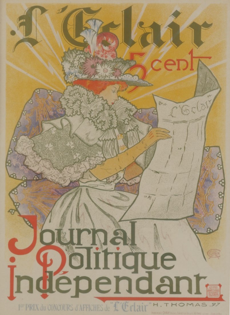 LES MAITRES DE L'AFFICHE LITHOGRAPH: LES MAITRES DE L'AFFICHE LITHOGRAPH FOR JOURNAL POLITIQUE INDEPENDENT: By Henry Thomas, sight size 12" x 8.75", custom matted to reveal the blind stamp lower right, fine deco style framing, 20.5" x 16