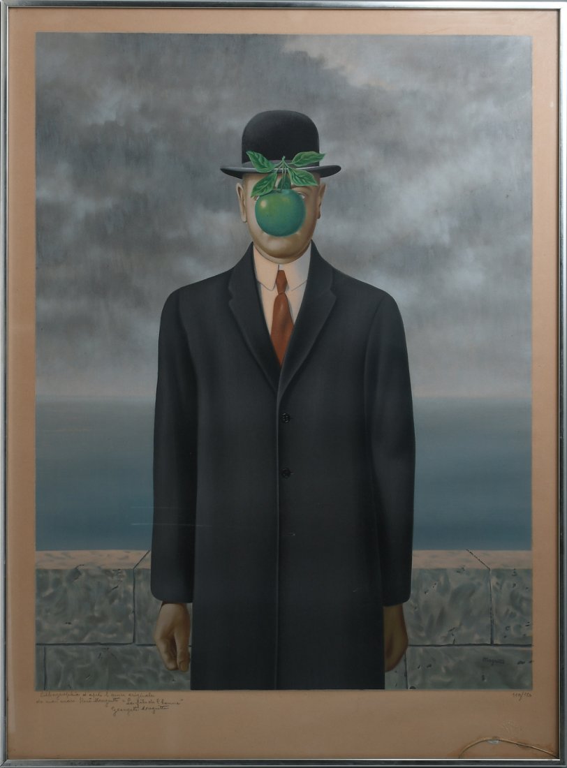IMPORTANT LITHOGRAPH AFTER MAGRITTE: IMPORTANT LITHOGRAPH AFTER MAGRITTE: "Le Fils de L'Homme", after Magritte's famous painting, Lithograph after the original, signed by Georgette Magritte lower left, numbered 110/150 lower right, print