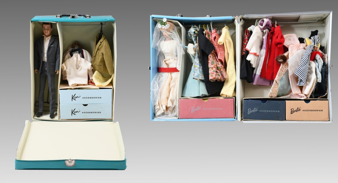 1961 KEN & BARBIE DOLLS W/CASES & CLOTHES: 1961 KEN & BARBIE DOLLS W/CASES & CLOTHES: 1) 1961 Bridal Barbie with a doll case and more than 20 outfits plus accessories; 2) 1961 Ken doll and case with clothes and accessories including several pa