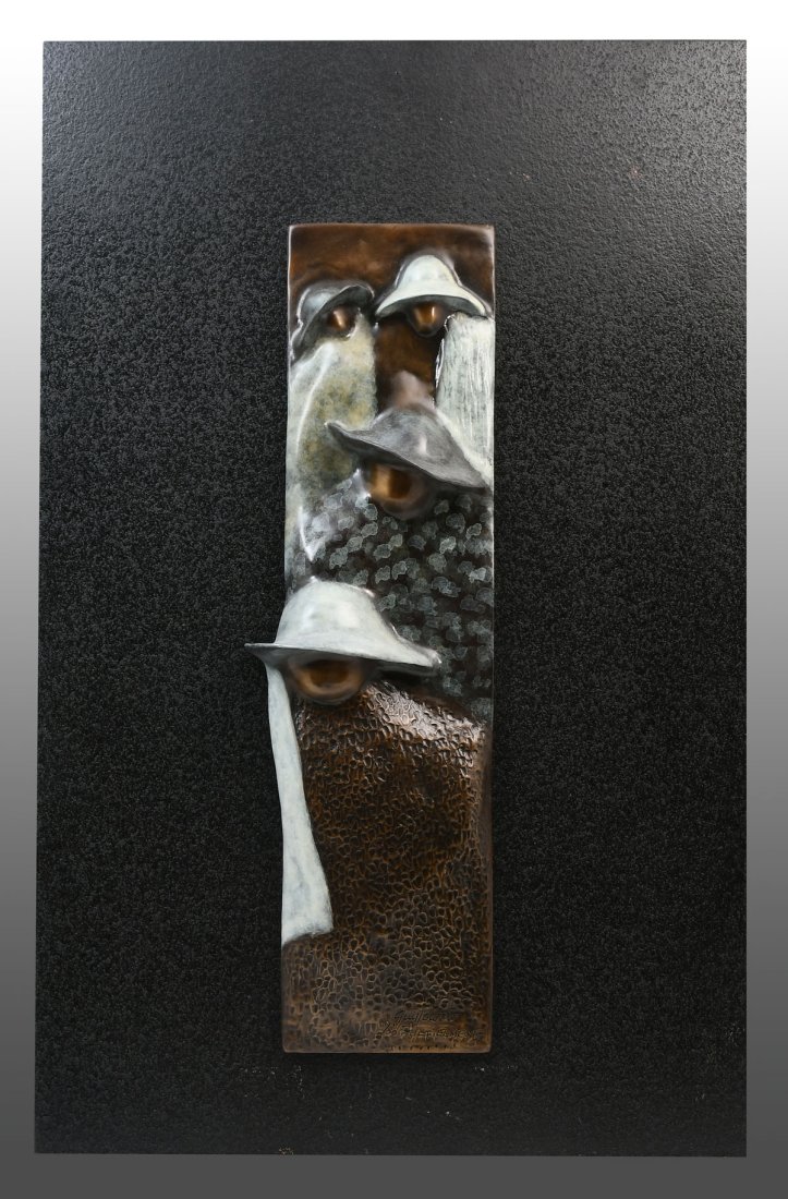 GUILLOUME BRONZE RELIEF WALL SCULPTURE "FULFILLMENT": GUILLOUME (American, b. 1957): "Fulfillment", Bronze Relief of Figures in Hats, Patinated Bronze mounted on painted aluminum, bronze measures 23.5" x 6", signed and numbered 4/50. Overall measurements