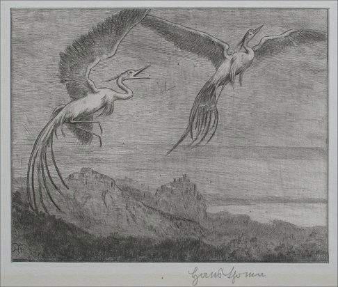 1920 RARE HANS THOMAS ETCHING: THOMA, Hans, (German, 1839-1924): Cranes in Flight, Etching, 13'' x 14 3/4'' with margins, pencil signed, monogrammed in the plate and dated 1920, impression size 7 1/2'' x 9 5/8'', silver gilt frame,