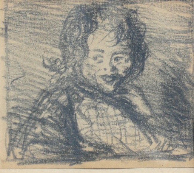ROBERT HENRI PENCIL DRAWING OF CHILD SKETCH: HENRI, Robert, (American, 1865-1929): Pencil Drawing of a Small Child, 5" x 5 1/2", signed, framed, 8" x 9", accompanied by original Karilon Gallery, Provincetown, Mass., receipt. From the collection 