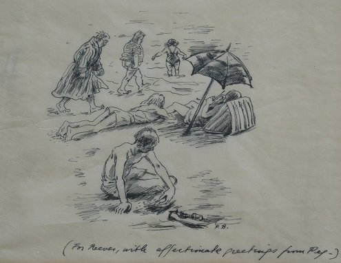 PEGGY BACON BEACH PEN/INK DRAWING: BACON, Peggy, (American, 1895-1987): A Day at the Beach, In Drawing, 6" x 7" sight size, monogrammed and dedicated "To Reeves, with affectionate greetings, Peg". Chrome frame with scratches, 11" x 12"