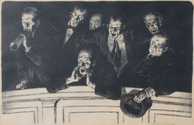 JOSEPH HIRSCH THE HECKLERS LITHOGRAPH: HIRSCH, Joseph, (American, 1910-1981): ''The Hecklers'', pencil signed original AAA Lithograph, sight size 10 1/4'' x 15 1/2'', original frame with minor wear, 16 1/2'' x 20 1/2''. Original AAA Label