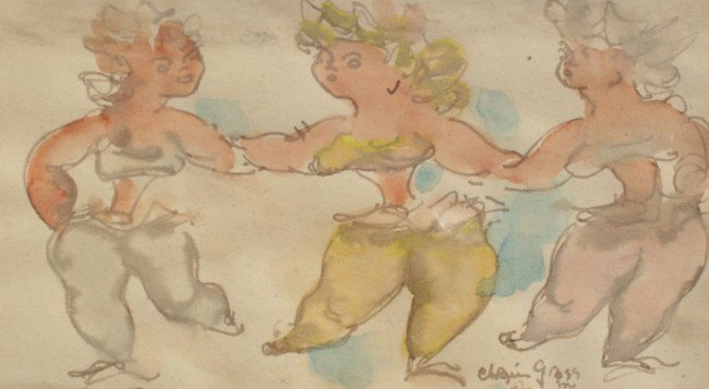 CHAIM GROSS CIRCUS PAINTING: GROSS, Chaim, (Austrian/American, 1904-1991): 3 Circus Dancers, Watercolor, sight size 5 1/2" x 10", signed, dated '52 lower right, black frame with wear, 10 1/4" x 14 1/2".