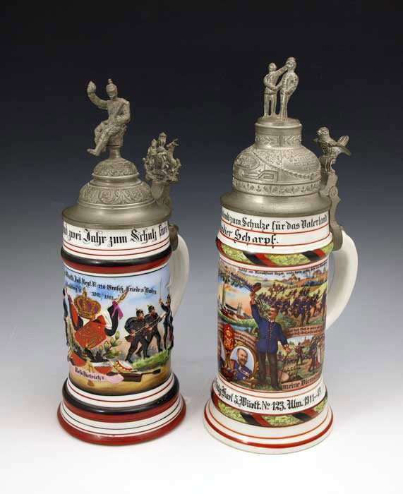 2 PIECE GERMAN REGIMENTAL STEINS: 2 PIECE GERMAN REGIMENTAL STEINS: To include 1) 126th Stratsburg 1901/1903 with painted relief / raised design of Infantrymen drinking and fighting, crown and stand of arms. Hinged pewter lid with Inf