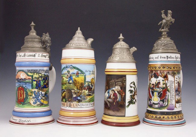4 PIECE GERMAN REGIMENTAL STEINS: 4 PIECE GERMAN REGIMENTAL STEINS: To include 1) 20 Regt. Cavalry '96-'99, with scenes of battle, town and regimental flags and names. Sweetheart lithopane. Cavalry finial. 11 3/4" h. x 5 1/2". 2) 13th