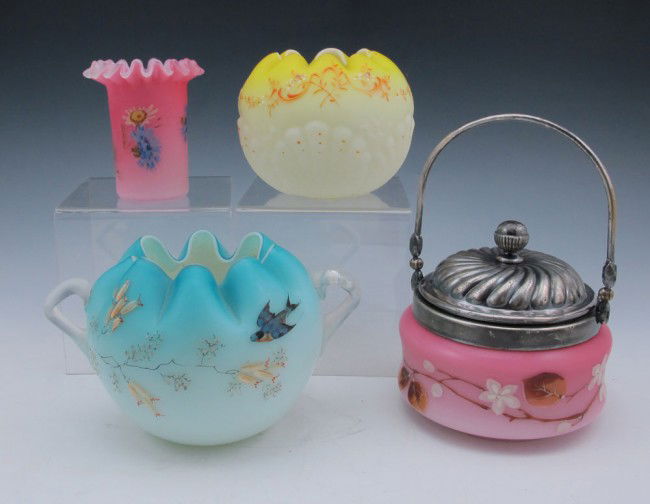 4 PIECE ENAMEL DECORATED VICTORIAN ART GLASS: 4 PIECE GROUP OF ENAMEL DECORATED VICTORIAN ART GLASS: Hand painted decoration on 1) A 3 1/4" tall toothpick holder. 2) Silverplated mounted covered jar, 4 1/2" dia. 3) Yellow rose bowl, and 4) a blue