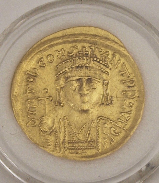 BYZANTINE GOLD COIN: BYZANTINE GOLD COIN: Appears to be Constantine obverse holding cross, Temple with cross reverse. Approx. 4.4 grams.