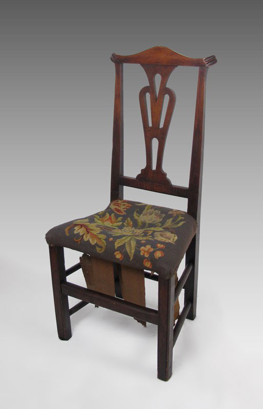 PERIOD COUNTRY CHIPPENDALE SIDE CHAIR: PERIOD COUNTRY CHIPPENDALE SIDE CHAIR: Fine old patina. Batwing crest over open cut back slat. Pegged straight leg construction. Old needlepoint covered seat. Approx. 42" tall x 19" wide x 16" deep.