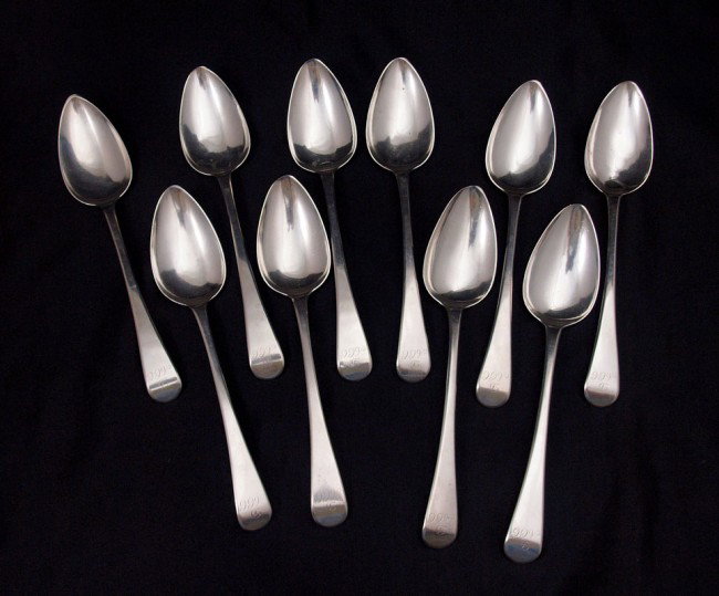SET OF 10 1807 ENGLISH STERLING SPOONS: SET OF 10 1807 ENGLISH STERLING SPOONS: Hallmarked 1807 London with maker John Blake, John Bunn or John Blades (all used very similar hallmarks), set of 10 tablespoons (8 5/8"). All monogrammed D over
