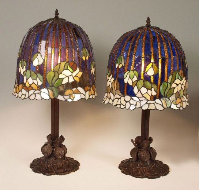 PAIR OF CONTEMPORARY LEADED GLASS LAMPS: PAIR OF CONTEMPORARY LEADED GLASS LAMPS: Long domed shades, 14: dia., the lamps are 24"h. overall.