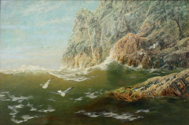 F.W. HAYES BARDSEY SOUND PAINTING: HAYES, Frederick William, (British, 1848-1918): ''Under the Cliffs, Bardsey Sound'', Depicts a Coastal Scene with Cliffs and Gulls, OIL/Canvas, 12'' x 18'', signed, gilded carved gesso frame with gold