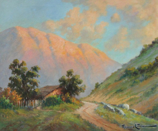 RAMOS CATALAN LANDSCAPE PAINTING: CATALAN, Ramos, (Chilean, 1890-): Cabin in a Landscape with Mountain in Distance, OIL/Canvas, 19 3/4'' x 23 1/2'', signed, fine gilded frame, 24 1/2'' x 28 1/2''.