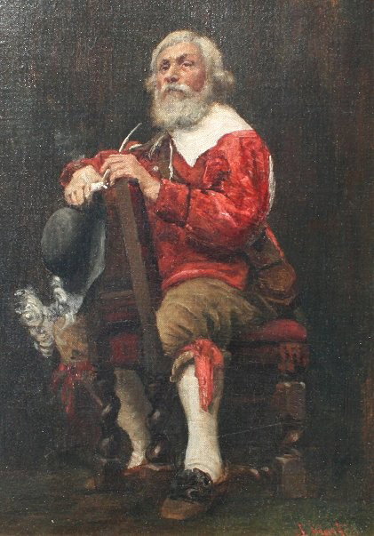 19TH C PIPE SMOKER PAINTING J. HART: 19TH C O/C/B OF CAVALIER SEATED HOLDING HAT & PIPE IN AN INTERIOR: 16'' x 12'', a high quality 19th C rendering, later gilded and carved frame, 22" x 18".