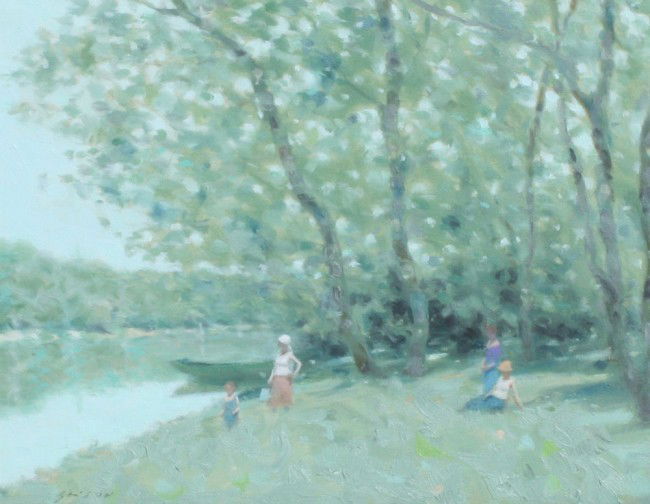 ANDRE GISSON LANDSCAPE PAINTING: GISSON, Andre, (French/American, 1921-2003): 'Paysage Preis D' Avignon', Depicts Figures on a Riverbank, OIL/Canvas, 11'' x 14'', encased in elaborate original pierce carved and gilded frame, 21 1/2''