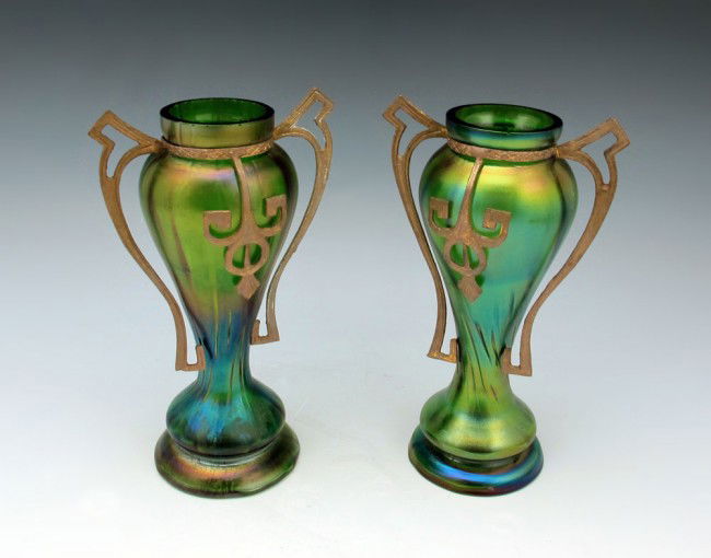 PAIR LOETZ QUALITY BOHEMIAN GLASS VASES: PAIR OF BOHEMIAN ART NOUVEAU IRIDESCENT GLASS VASES: Metal mounted vases attributed to Loetz or Rindskopf. Approx. 6 3/4''h.
