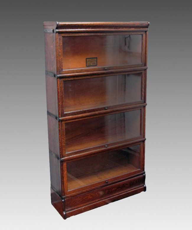 GLOBE WERNICKE 4 STACK TIGER OAK BOOK CASE: GLOBE WERNICKE 4 STACK TIGER OAK BOOKCASE: C-11, APPROX. 62" TALL X 34" X 10".