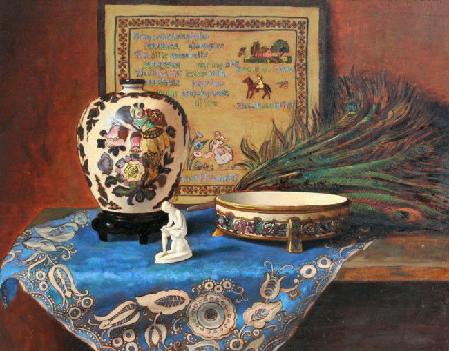SADIE LOWES STILL LIFE PAINTING: LOWES, Sadie H., (American, 1870-1945): Still Life of Porcelain Jardinere with Peacock Feathers, OIL/Board, signed, 24'' x 30'', framed, 27 1/2'' x 33 1/2''.