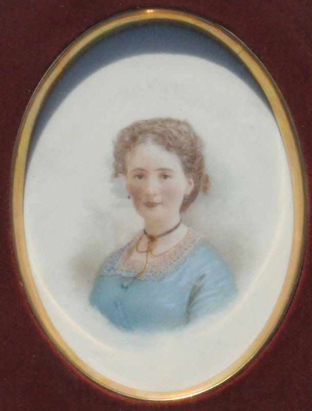 MINIATURE PAINTING ON PORCELAIN MACKLIN FRAME : MINIATURE PAINTING ON PORCELAIN OF MARIA SILSBY CLARK BRETT: (Mrs Charles Brett, Gilbert Brett's Grandmother), 5" x 3 1/2" oval sight size, gilded Newcomb Macklin frame with minor wear and slight gilt