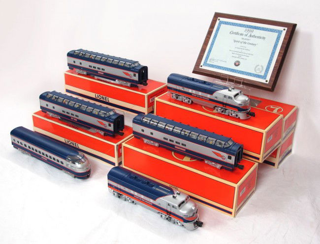 LIONEL SPIRIT OF THE CENTURY TRAIN SET: LIONEL SPIRIT OF THE CENTURY TRAIN SET: Limited edition #229/1000 with COA. Sold with 38154 power engine; 38155 non power engine; 39110, 39111, 39112 Full vista dome cars; 39113 solarium observation.