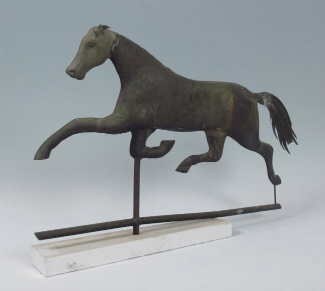 EARLY 19TH C HORSE WEATHER VANE: EARLY 19TH C HORSE WEATHER VANE: Antique American lead weather vane modeled as a trotting horse Dimensions approx. 17 x 26 1/2" overall.